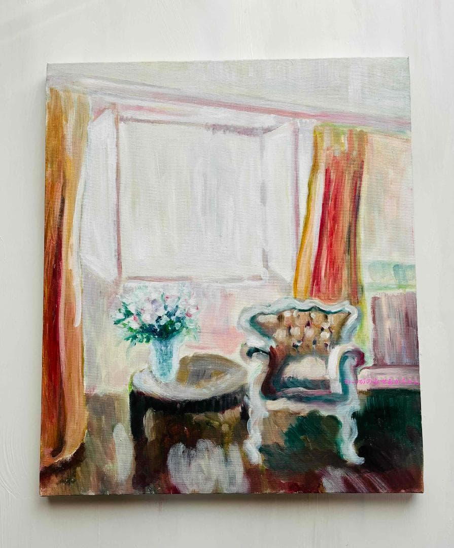46×53㎝「窓辺の椅子とテーブル」油彩・額装（４枚面画像)・原画・F10