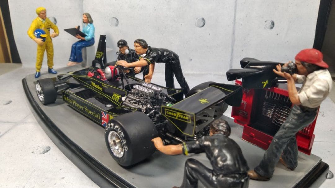 JPSロータス78完成品とタミヤ　モータースポーツチームセットの組合せ情景作品