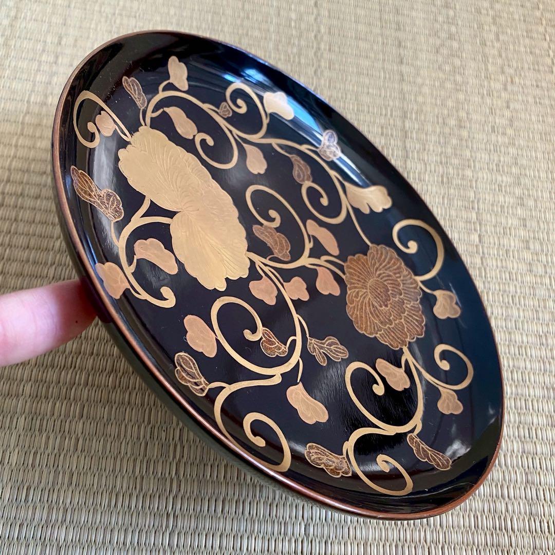 時代 輪島塗【牡丹唐草金蒔絵 銘々皿5客組】菓子皿 天然木 漆塗 懐石 茶道具