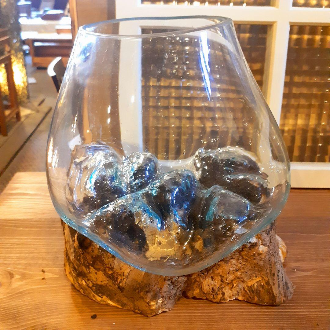 輸入雑貨　バリ島　手吹きガラスアート　オブジェ　天然木仕様　ハンドメイド