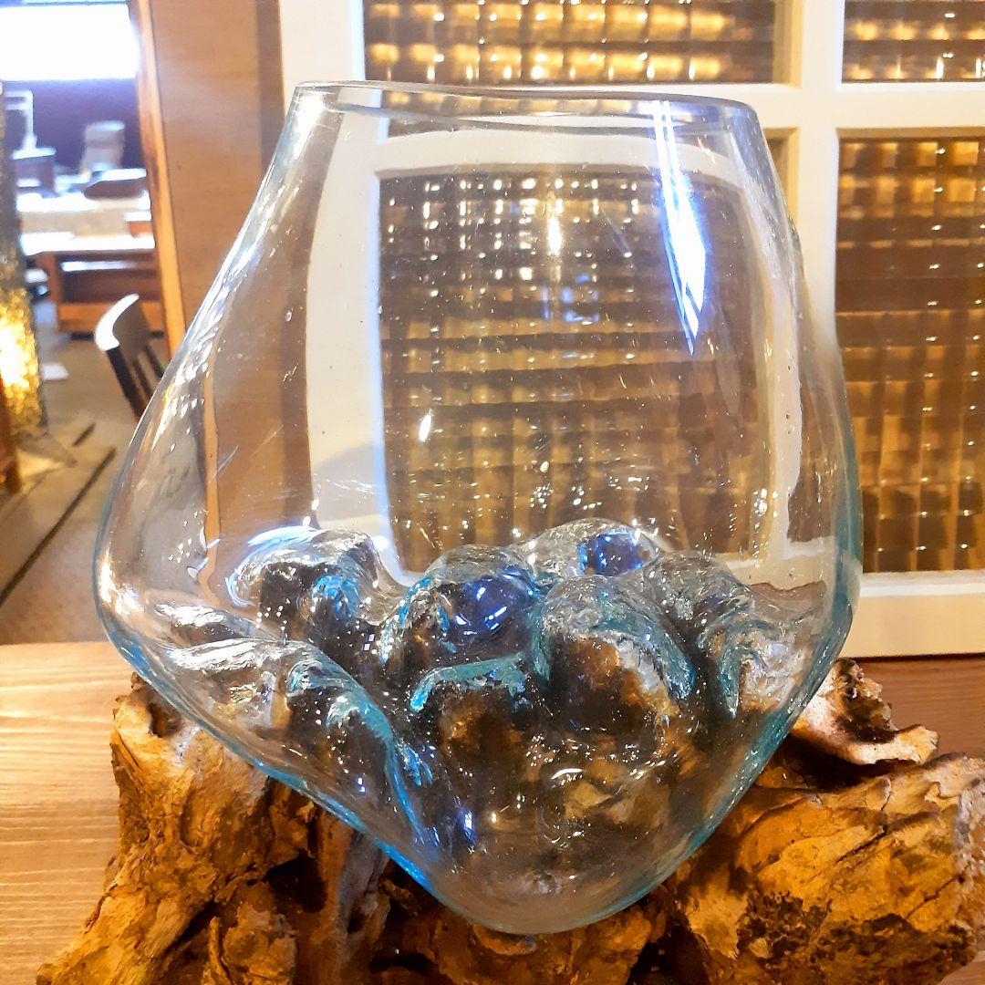 輸入雑貨　バリ島　手吹きガラスアート　オブジェ　天然木仕様　ハンドメイド