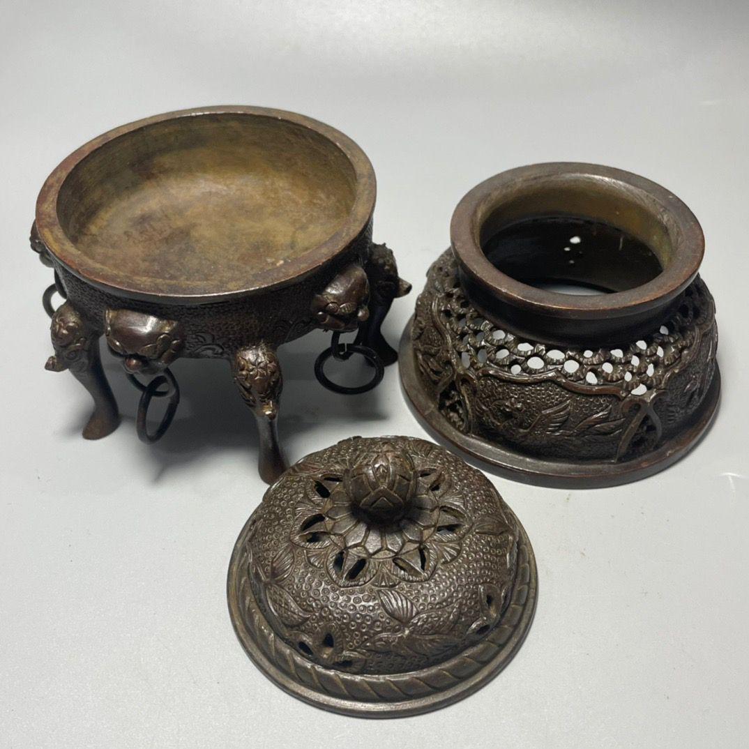 銅 細工 茶道具 香道具 五足帝王炉 鳳凰盤香炉 工芸品 美術品 置物