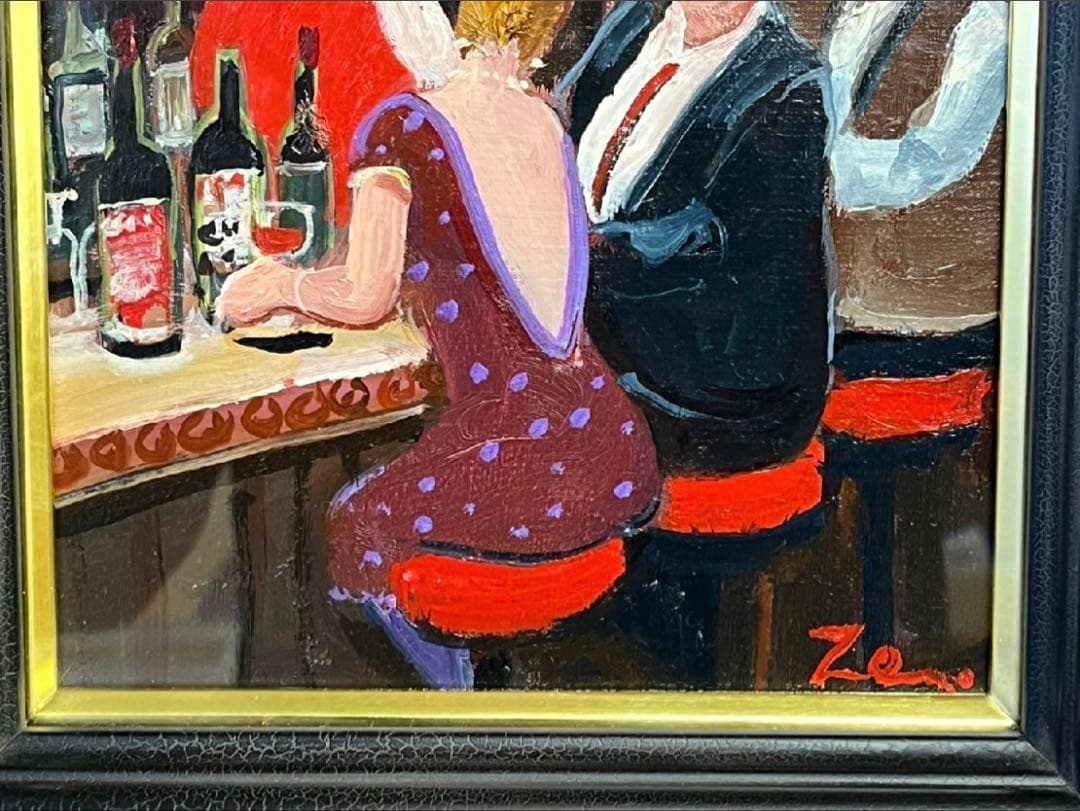 真作 田中 善明 油彩 Jazz BAR 額裏本人筆イラスト&サイン　日付入り