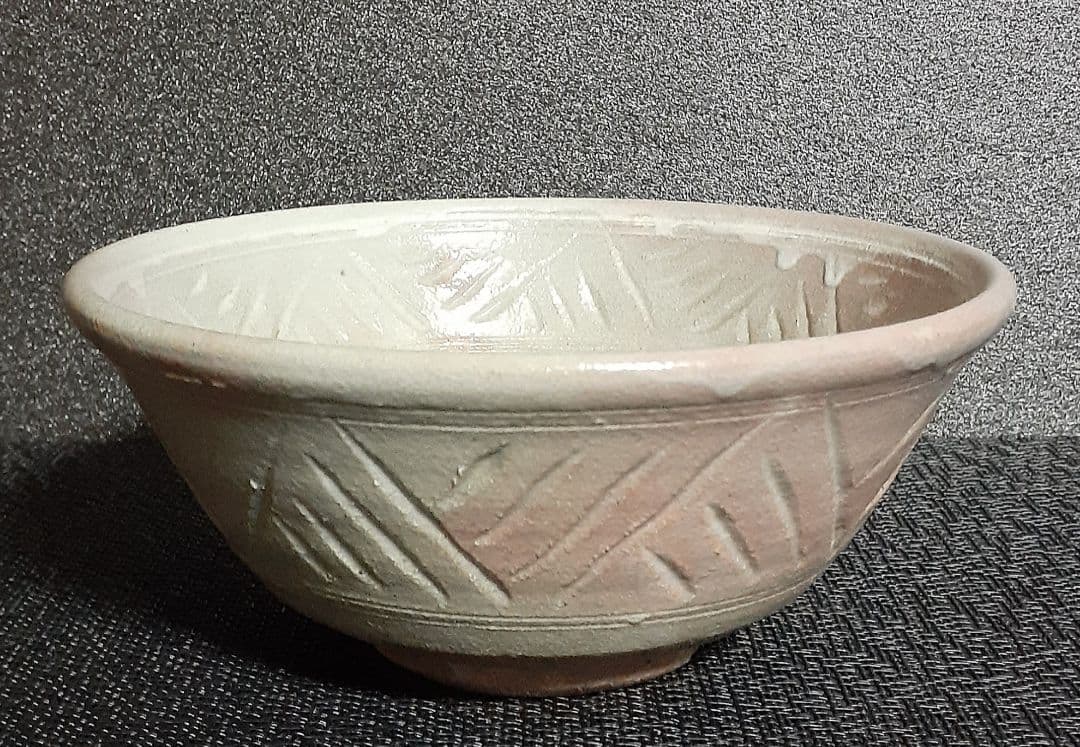 【日展評議員】　名工【安田全宏】造　彫り三島　茶碗　共箱　共布　茶道具　茶器