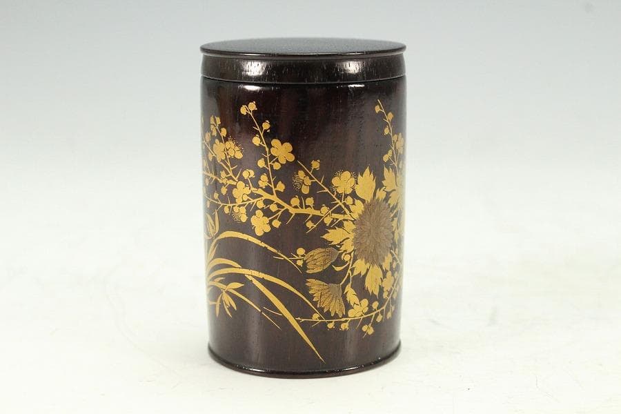 茶道具 紫檀 草花蒔絵 茶入 美品(K-BB517)