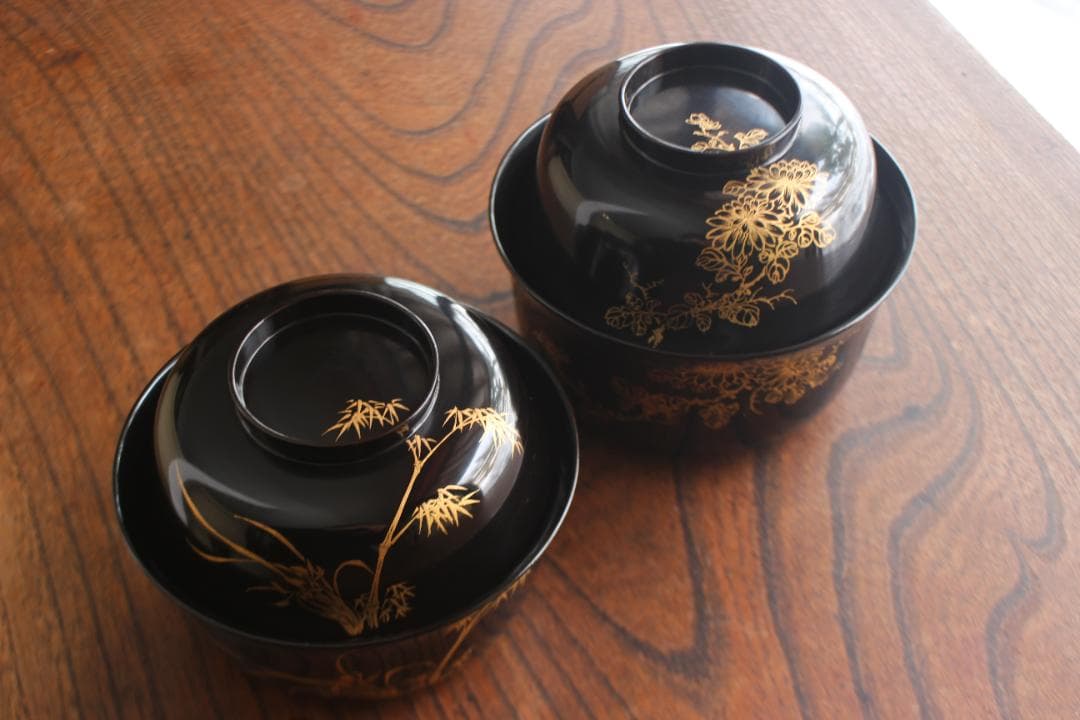 時代逸品！端正な時代黒漆に極上菊蘭蒔絵の映える四つ椀（検懐石道具蒔絵椀茶道具