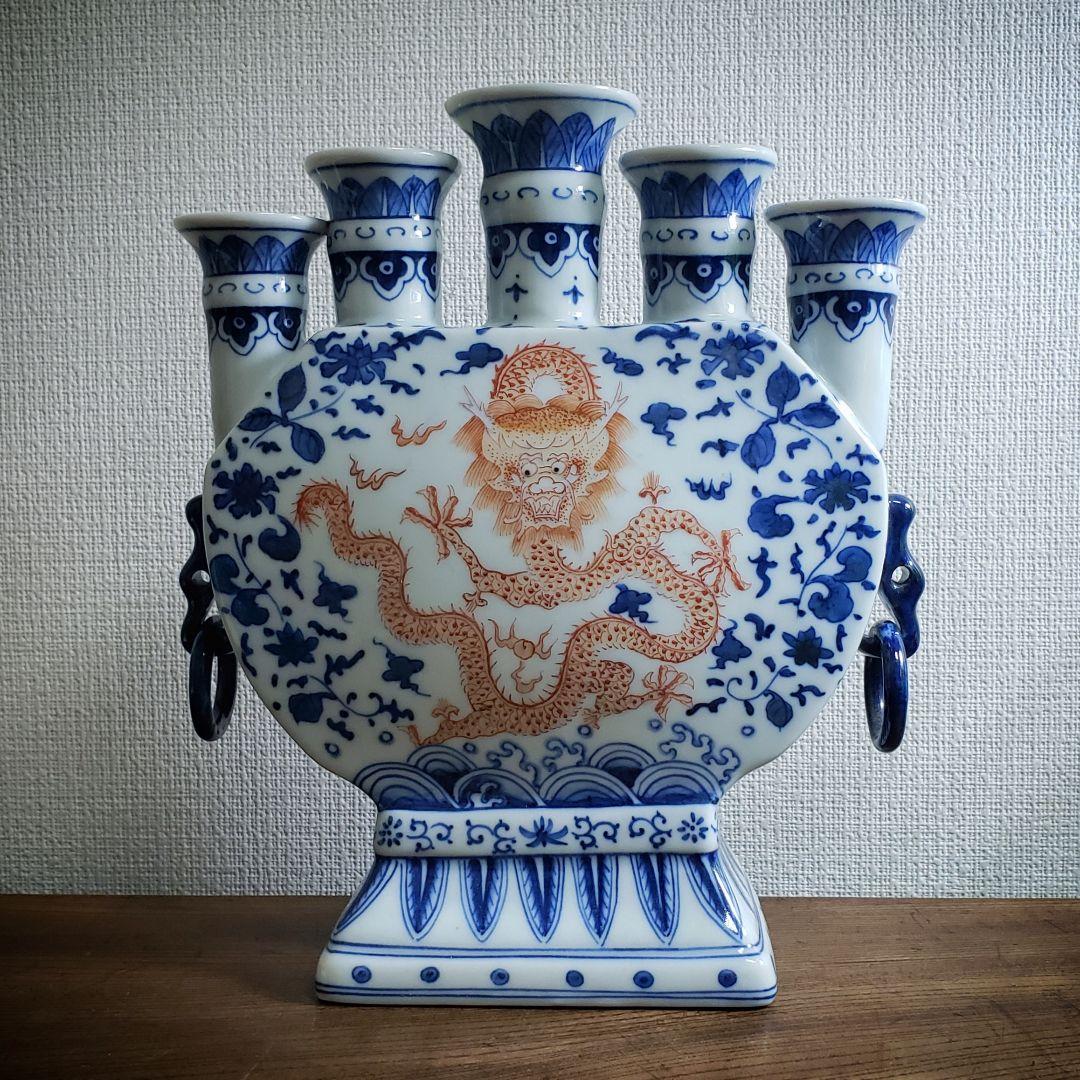 大清乾隆年製 五連多口花瓶 染付 龍紋 中国 花器 花生