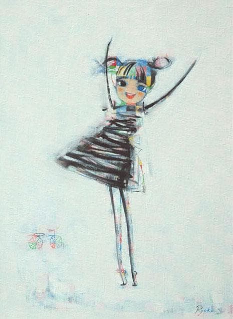油絵 菅家令子 絵 絵画インテリア額付(青緑＋金色の枠)F4-08081 女の子