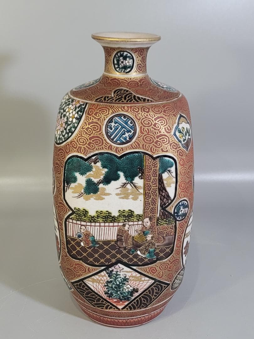九谷 庄三造 金彩赤絵 花瓶 明治期 DT312
