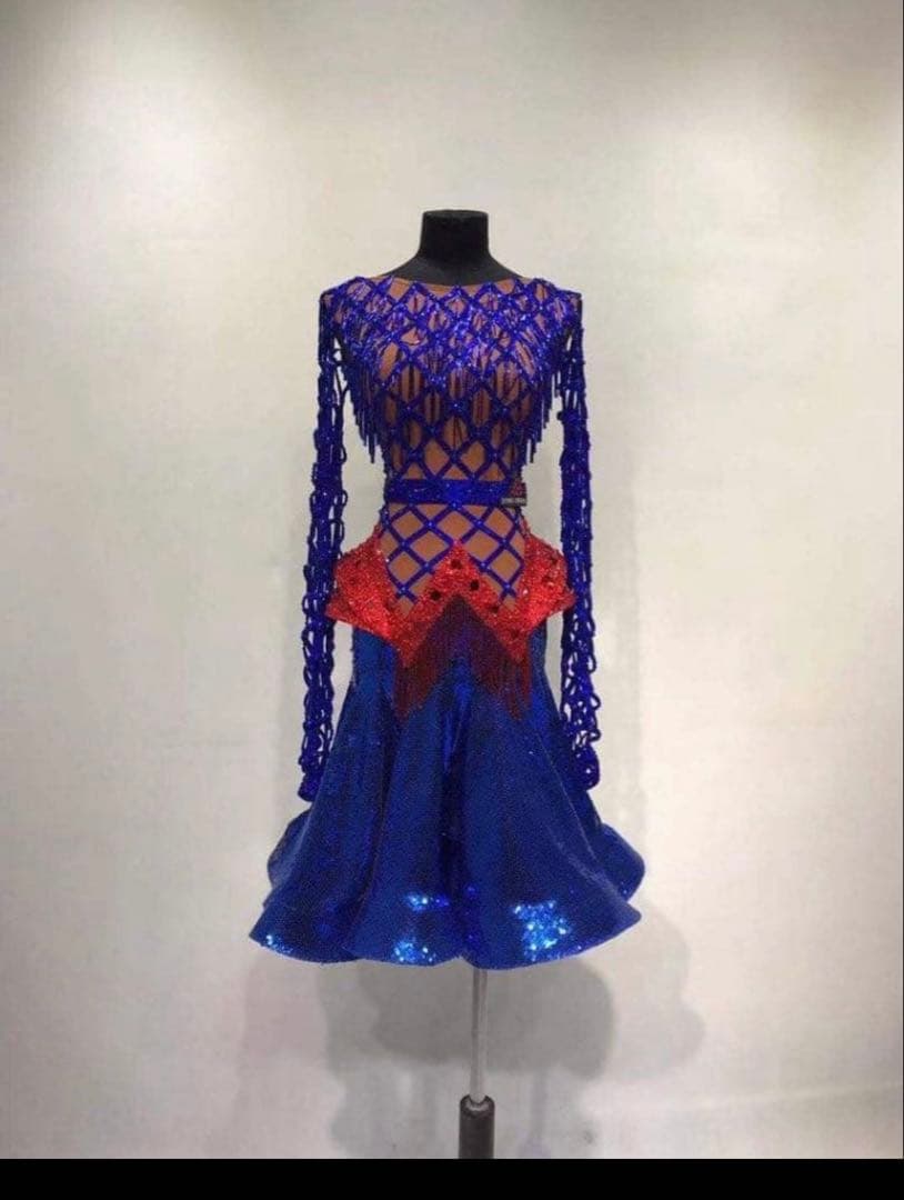 社交ダンスドレス 青 赤 フリンジ付き　ラテンドレス