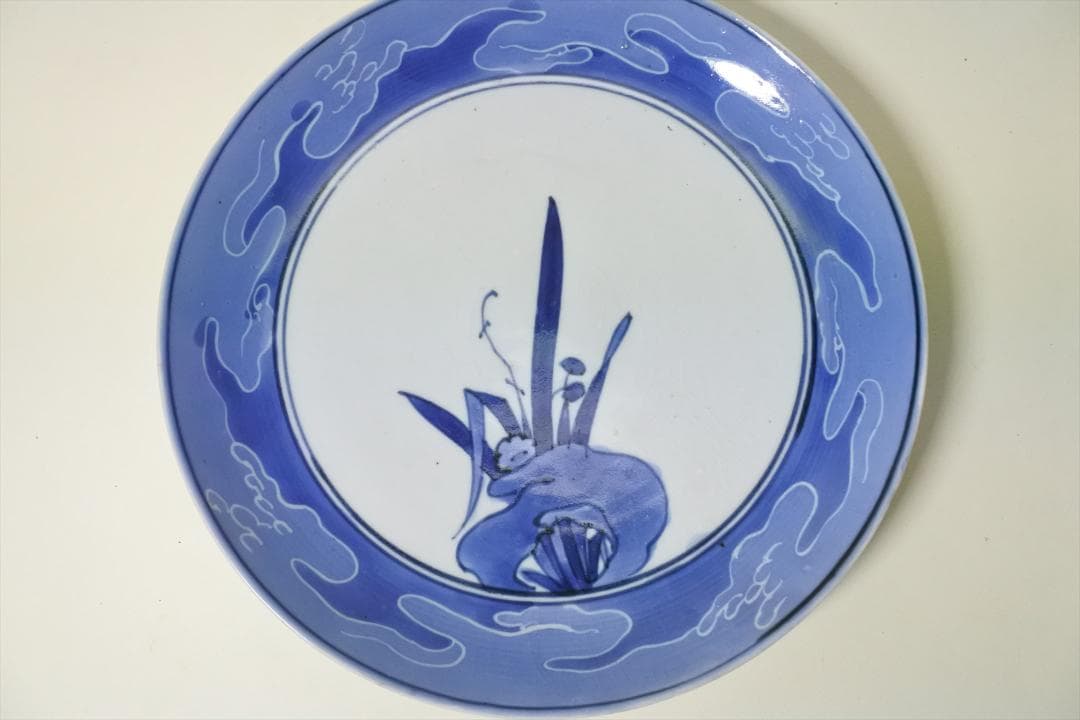 江戸前期　藍九谷　水仙図　中皿　骨董品　アンティーク