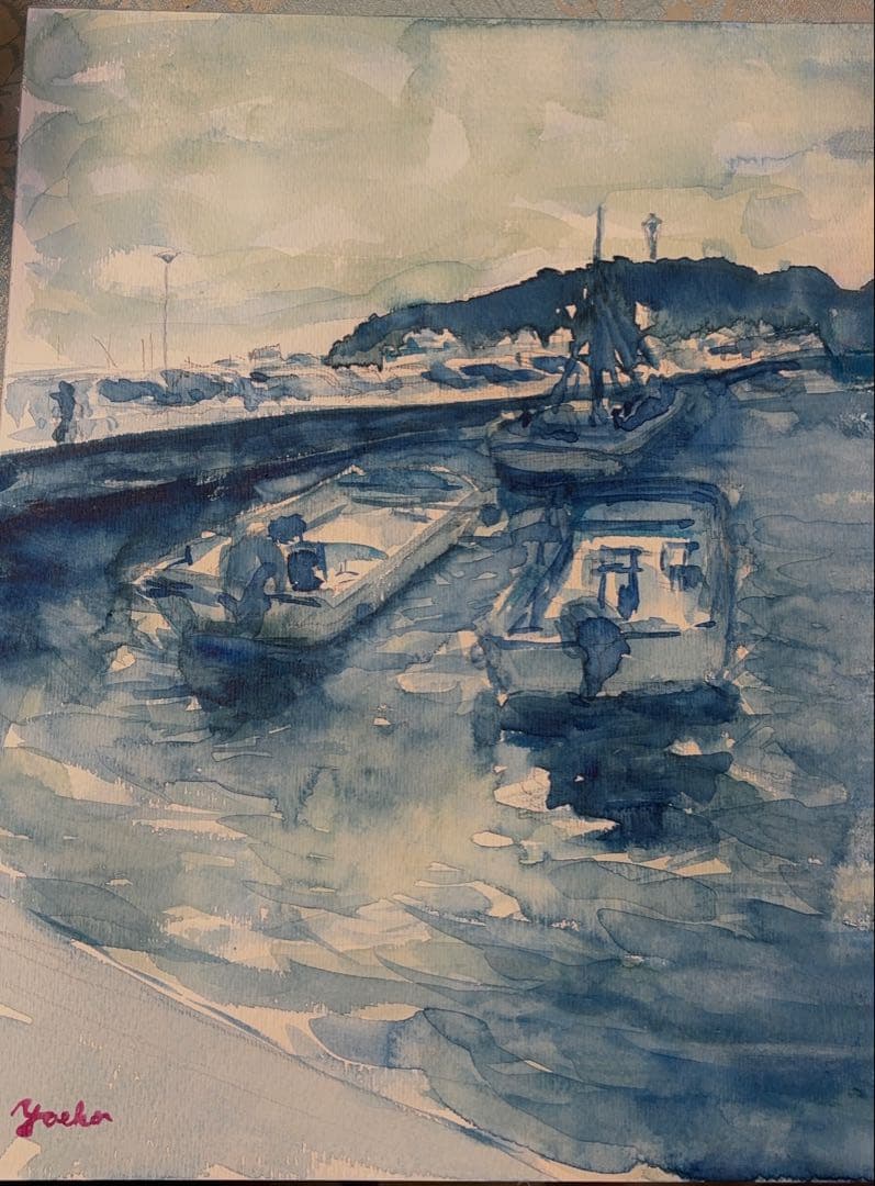 水彩画 F4 額、額装付き　湘南海岸ボートと港の風景　遠くに江ノ島