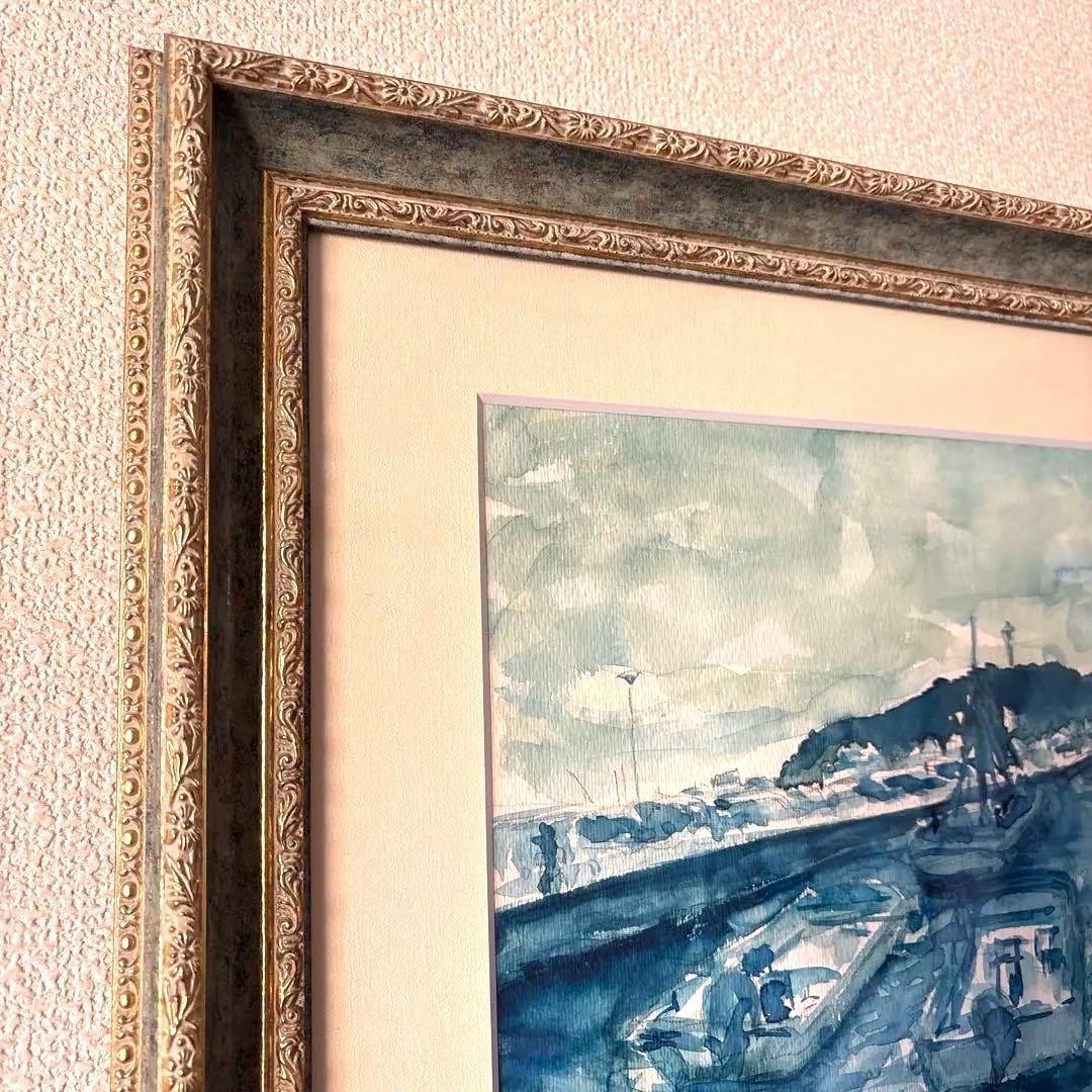 水彩画 F4 額、額装付き　湘南海岸ボートと港の風景　遠くに江ノ島