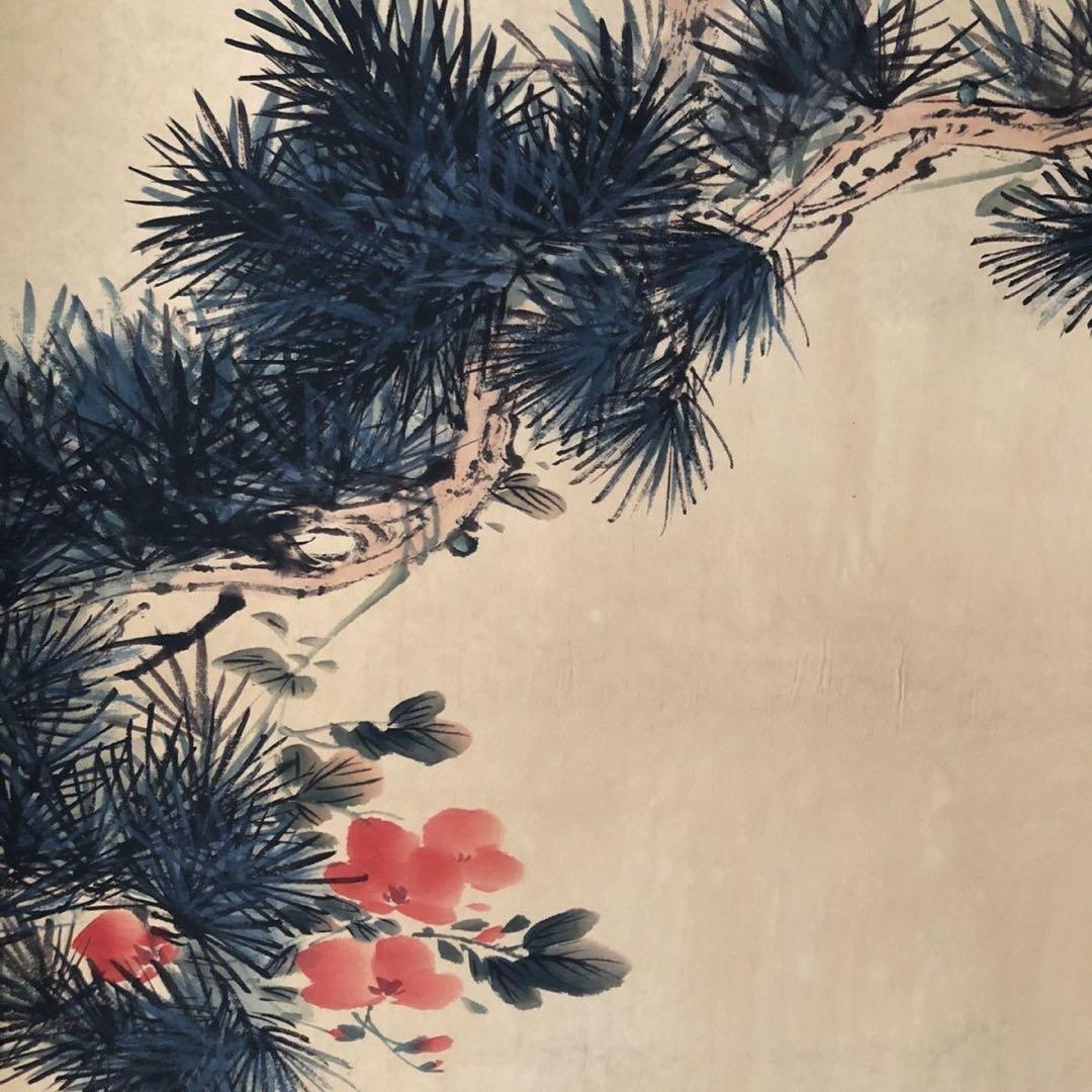 掛け軸 花鳥画 三尺中堂 颜伯龙 棲松有伴 中国美術 松鳥 吉祥図