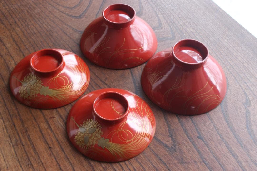 小傷有！時代朱漆に優美な薬玉蒔絵の映えるお椀2点（検輪島塗吸い物椀蒔絵椀