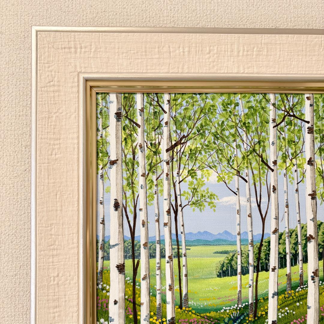 アクリル画　原画　「野花の咲くフィールド05」額縁付き　F4サイズ　風景画
