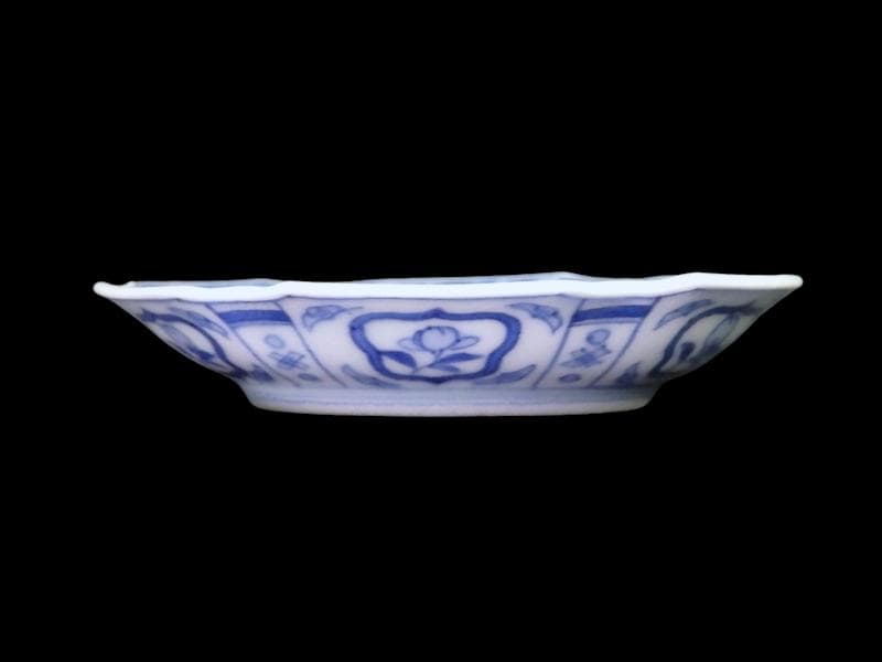 古伊万里　染付　吉祥紋に山村の図　六角豆皿　AS-DBe