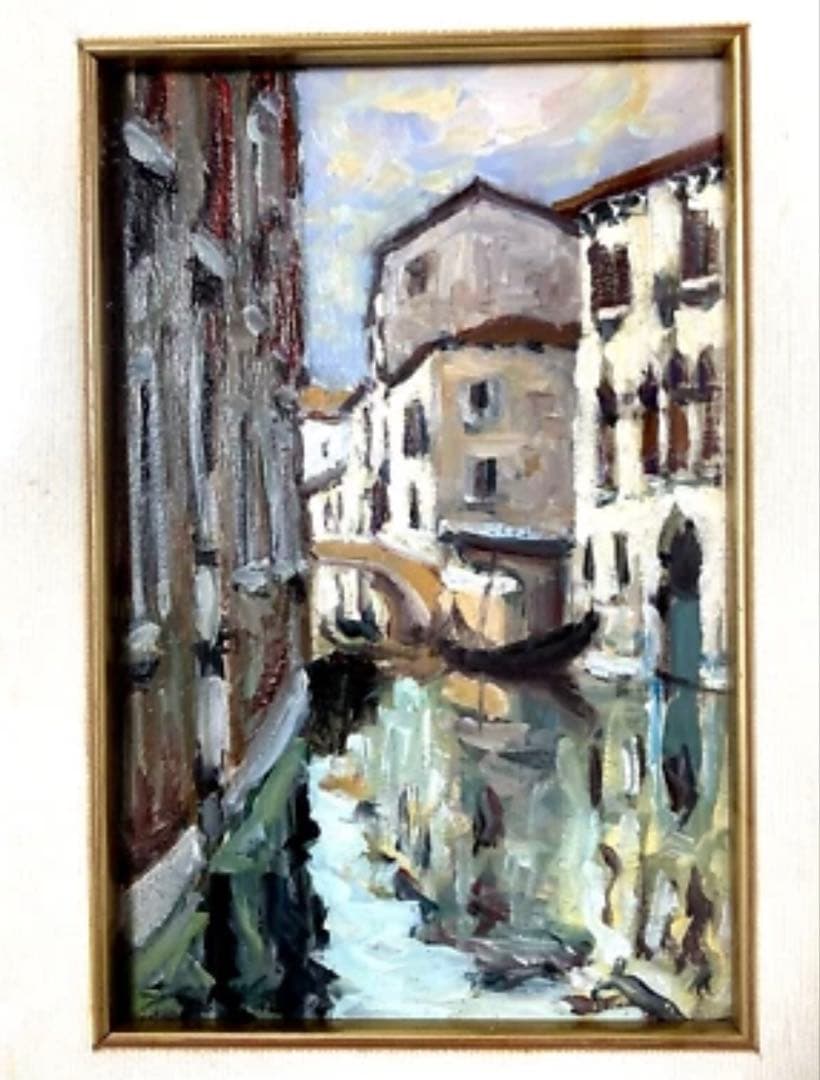 油彩画 ヴェネツィア 運河風景 絵画 額縁付き インテリア アート 匿名発送 r