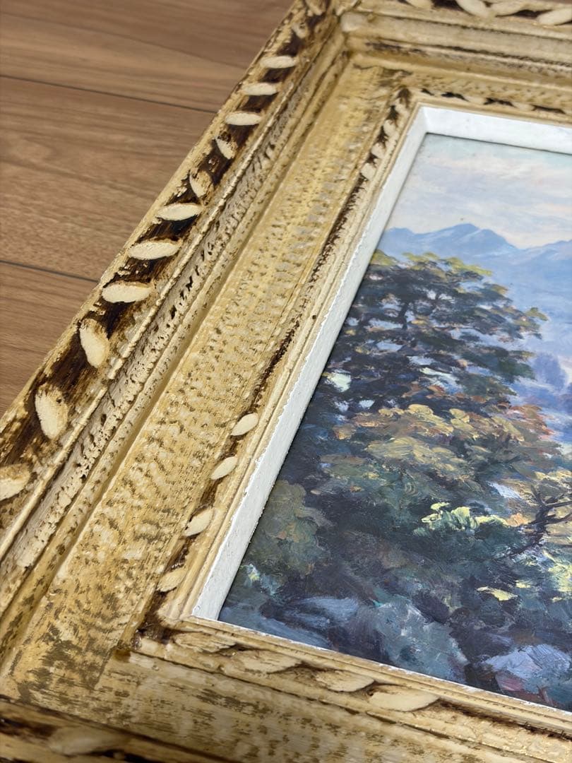 渡辺武「湖畔の森」風景画 装飾フレーム付き