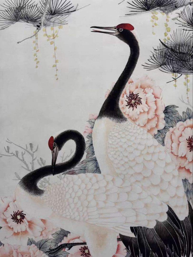 沈銓「牡丹双鶴図」大四尺 中堂掛軸　宣紙 手工表装　180×69cm