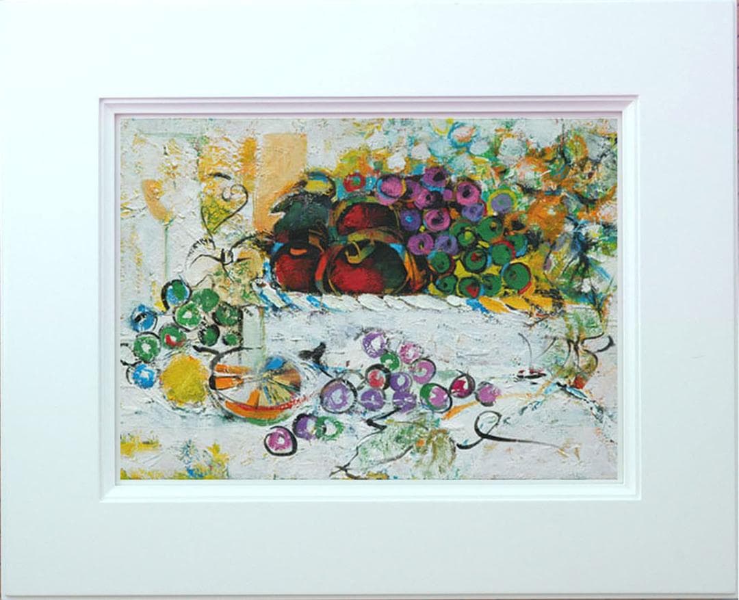 油絵 菅家令子絵 絵画インテリア額付(青緑＋金色の枠) uF6-060210果物