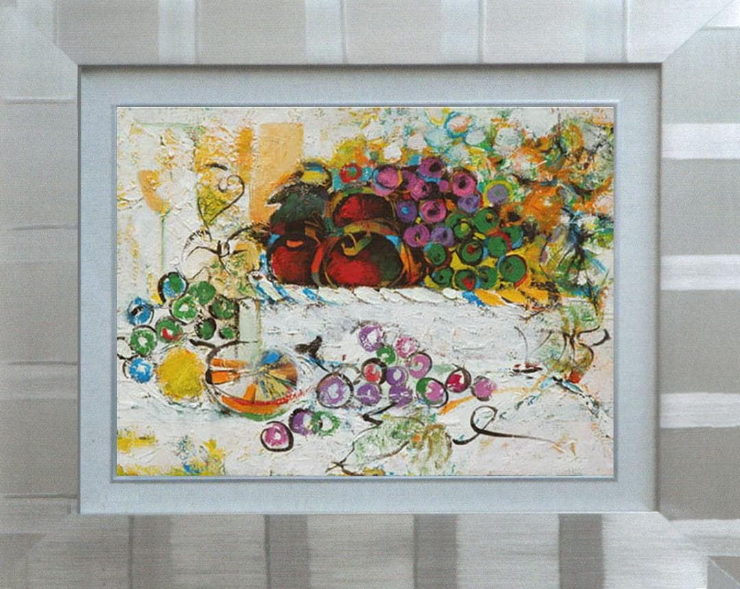 油絵 菅家令子絵 絵画インテリア額付(青緑＋金色の枠) uF6-060210果物