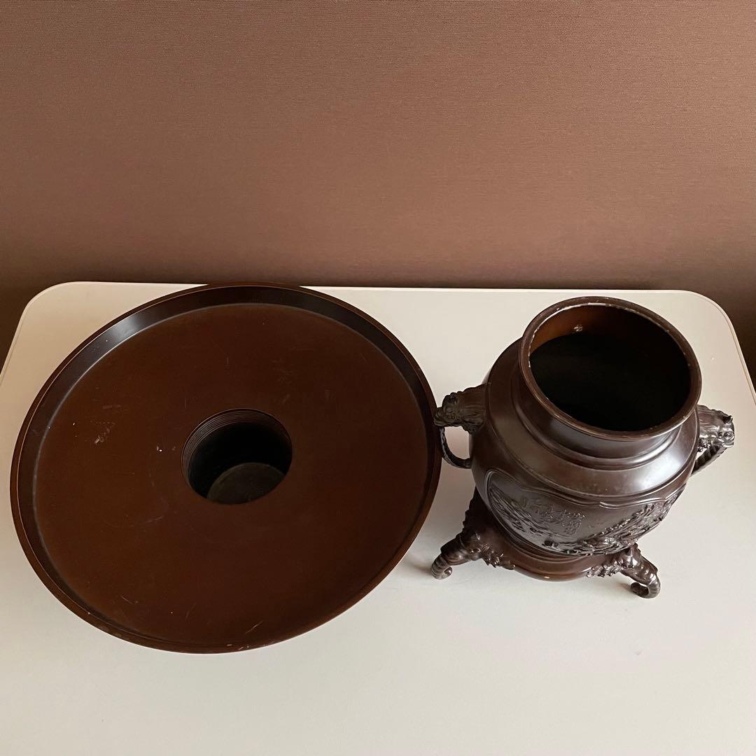 銅花器 薄端 在銘 精山 獅子双耳 池坊 茶道具 華道具 重さ5.2kg 04