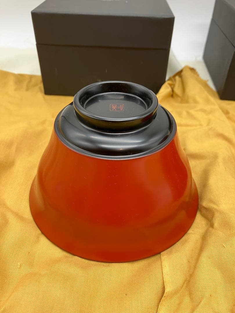 未使用輪島屋善仁 眉間寺椀　福々椀 溜内黒塗 洗朱塗 二客 輪島塗　製品登録書有
