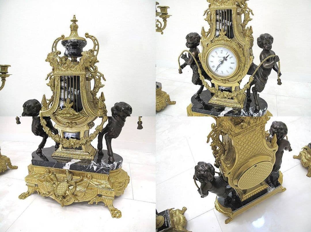 【美品】イタリア製 ランチーニ 天使/ブロンズ/黒大理石 燭台1対＋置時計セット