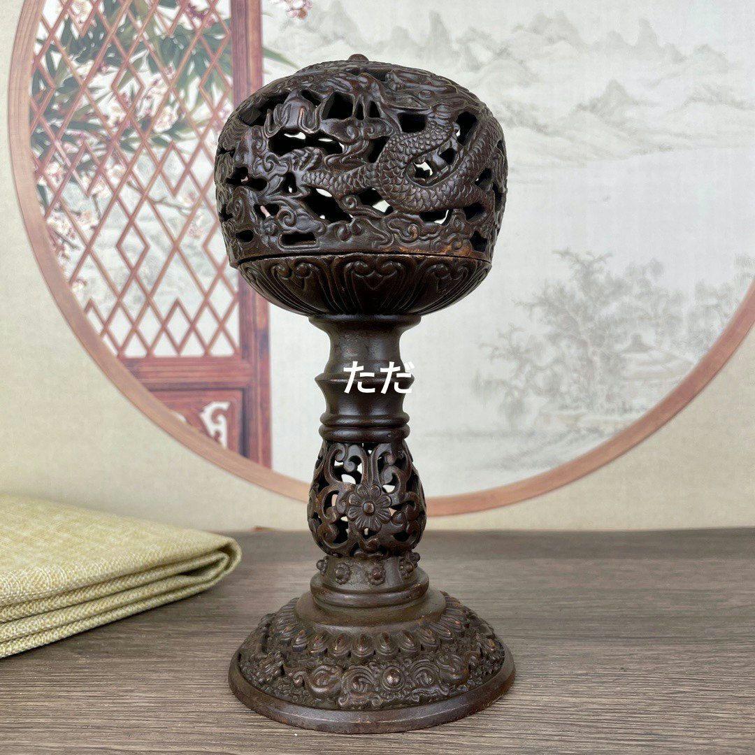 銅 細工 透かし彫り二龍戯珠祥雲盤竜薫る香炉 香道具 装飾品 工芸品 置物