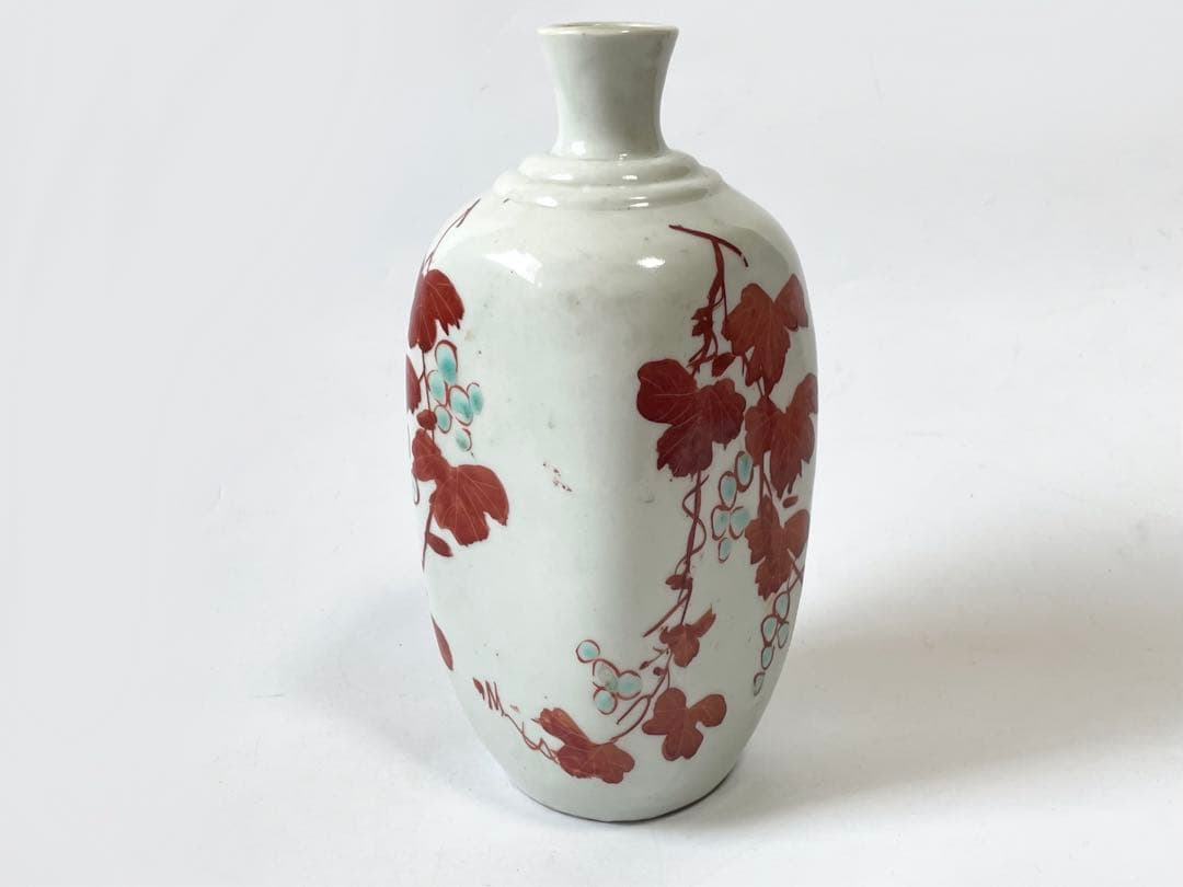 骨董　アンティーク　岩谷焼　蔦植物文　鞆徳利　徳利　保命酒徳利　赤絵　色絵　酒器