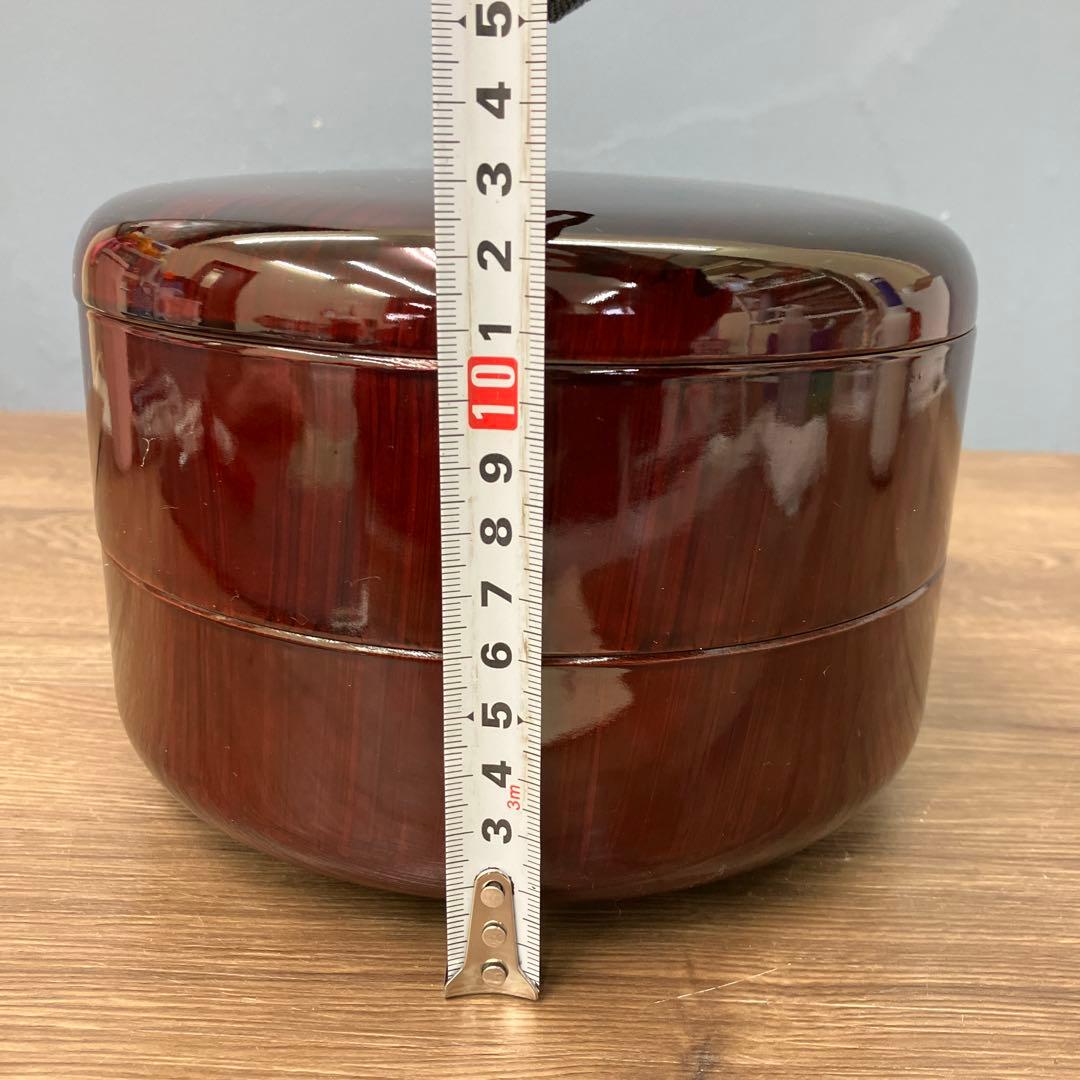 E-1 昭和レトロ 会津塗 丸二段 菓子器 春慶 木目 アザミ 伝統工芸 漆器