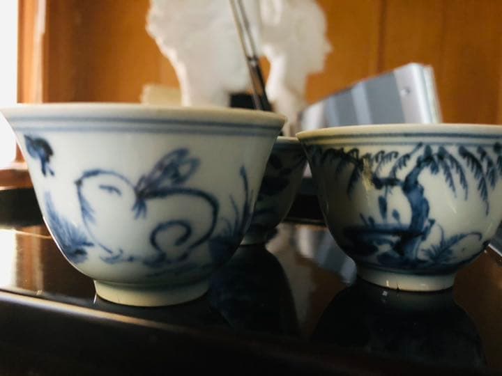 骨董品　染付　⬜︎福　うさぎ　兎図　柳図　三客　茶器　ぐい呑　時代物