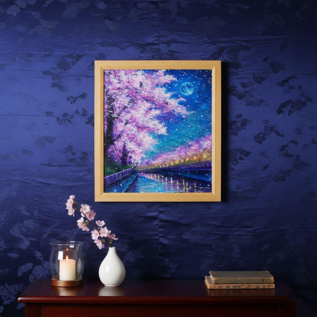 油絵 油彩 油彩画 絵画 絵【青い満月の夜桜】