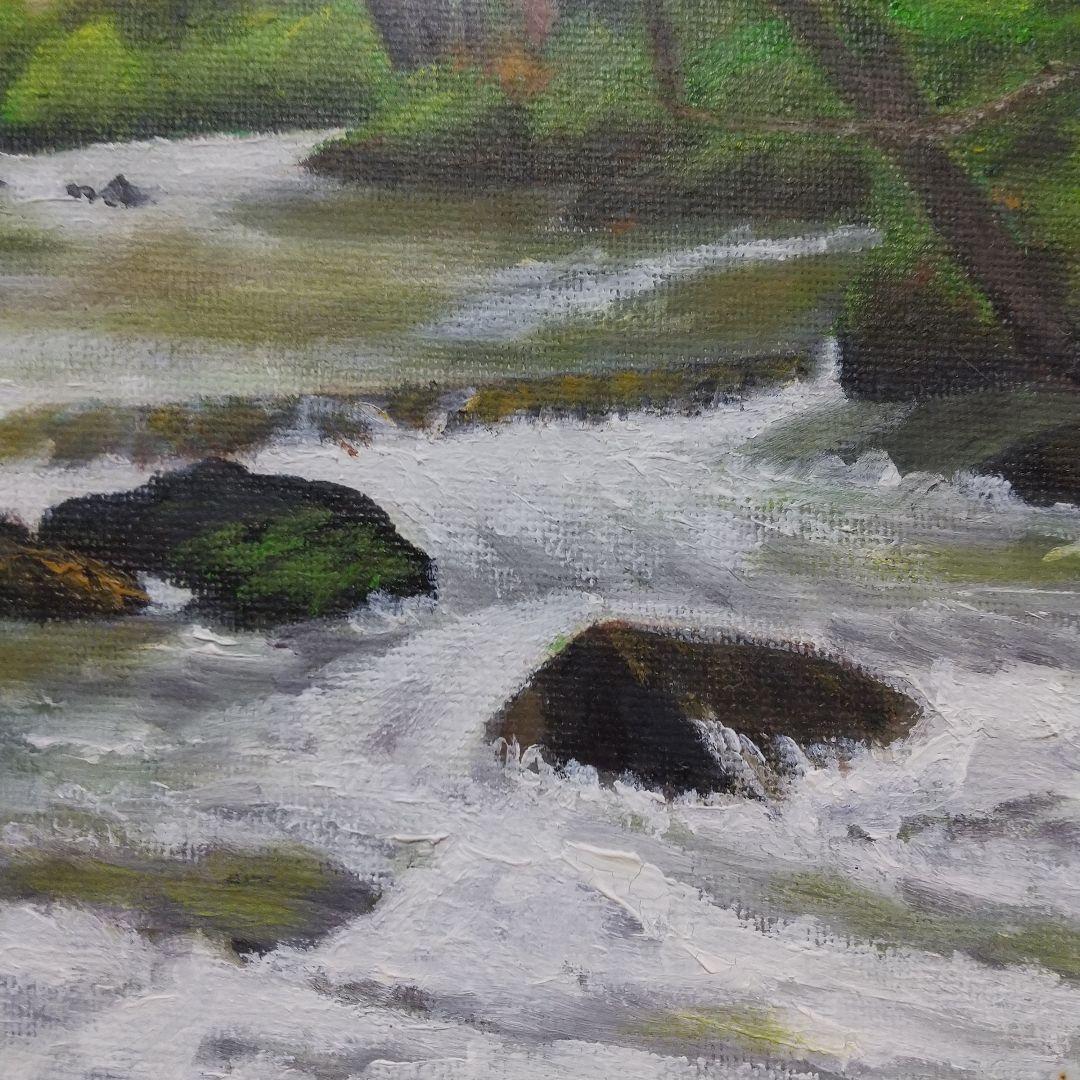 油彩画 川の風景 金色フレーム付き