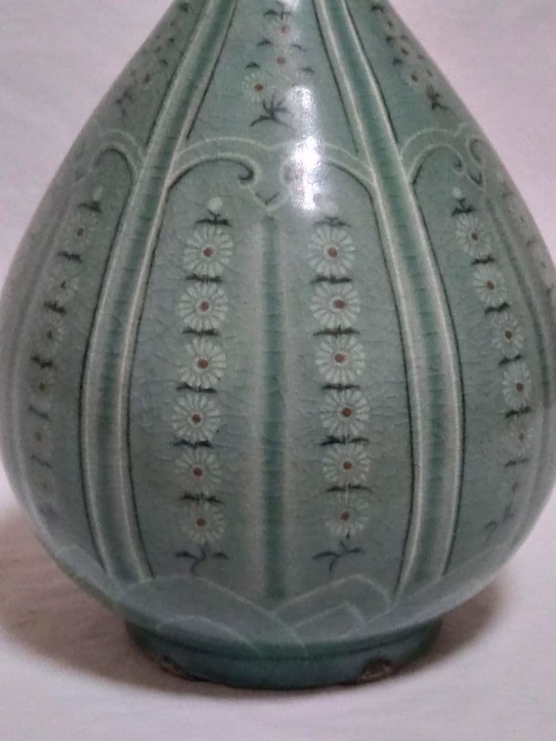 朝鮮美術　骨董　高麗青磁　花象嵌　大瓶　砂高台