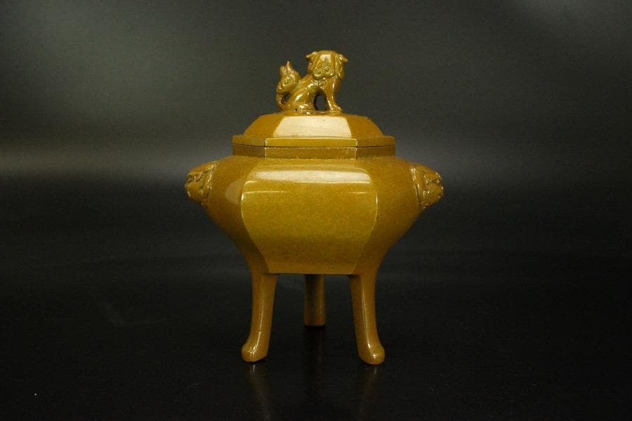 香炉 獅子双耳 三足香炉 金属製 木箱付(メ1186)