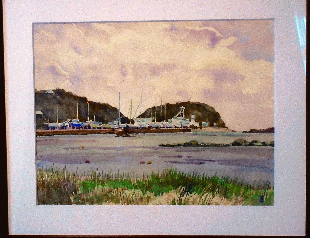 荒崎海岸を望む水彩画 額装済み