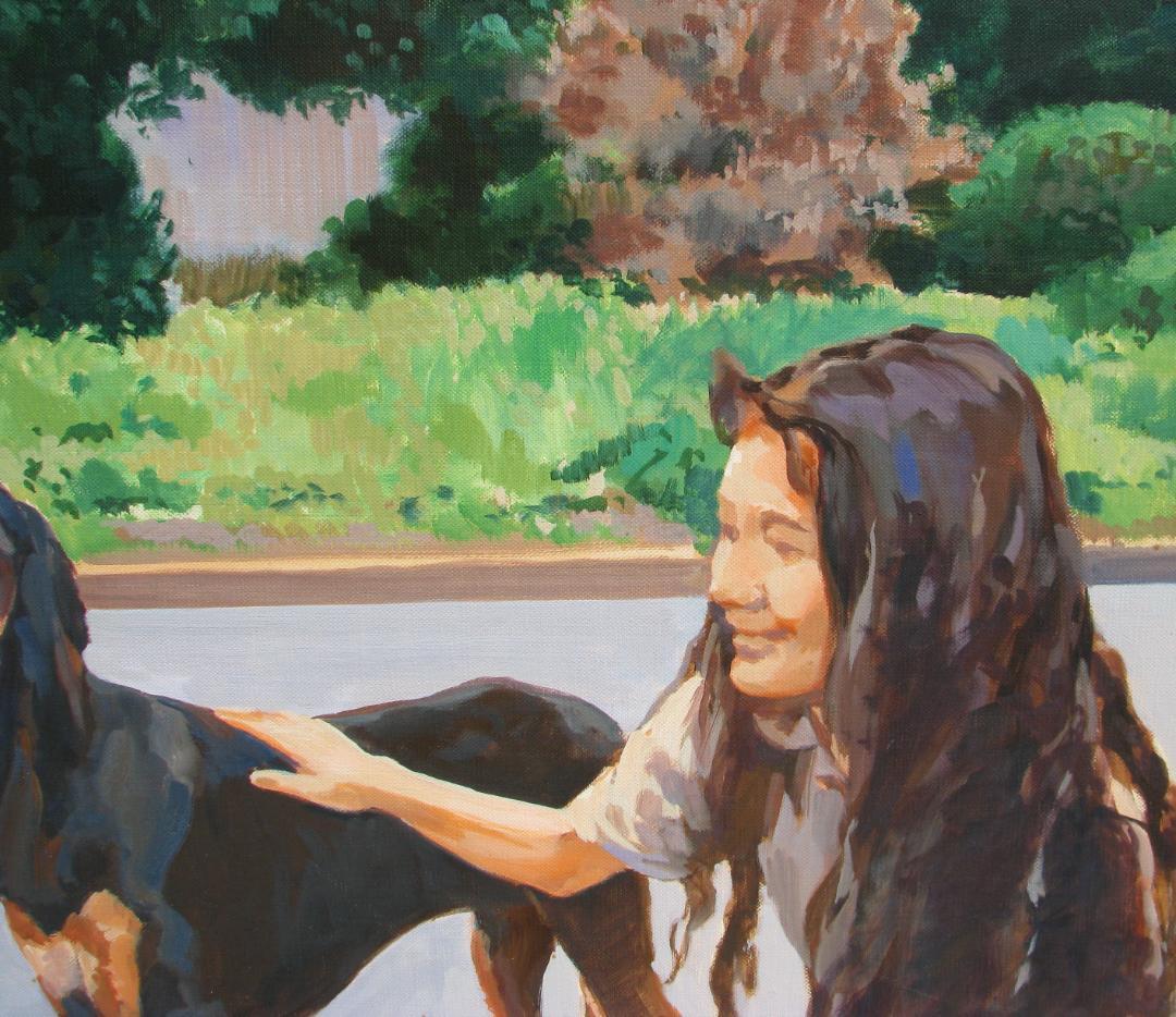 ☆決算☆芸大小磯教室主要作家,檜山健三,愛犬と女性,F10号油彩,外国の公園風景