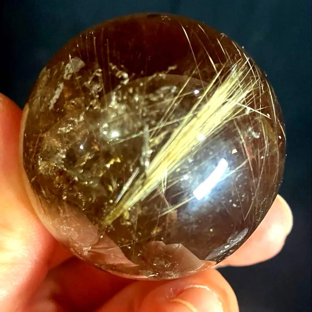 42mm 虹入りゴールドルチルクォーツ　丸玉　スフィア　金針水晶
