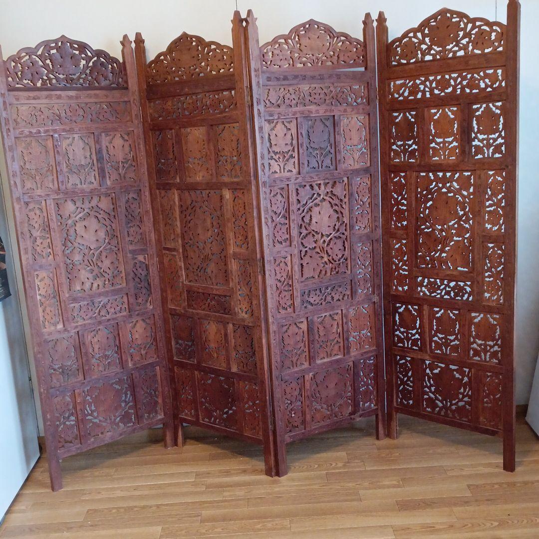 アンティク アジアン手彫り屏風工芸品
