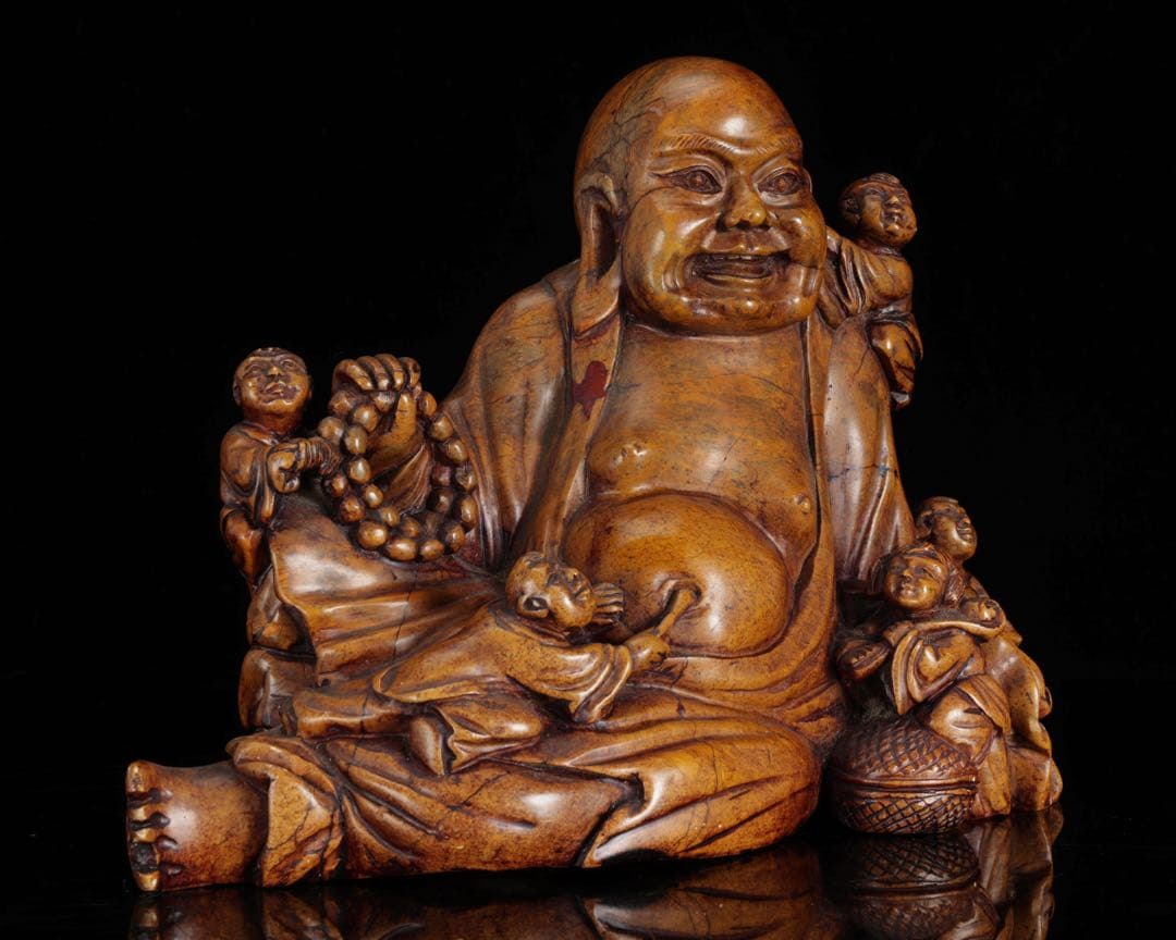 石彫 布袋尊 童子戯れ 置物 高さ21cm 七福神 縁起物 仏像 古美術 骨董品