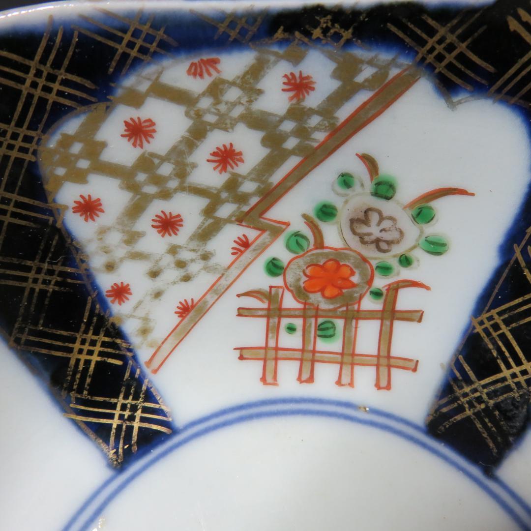 向付 小鉢 4客 色絵 角鉢 壽 瓢箪 花柵 唐草 古伊万里 窯傷