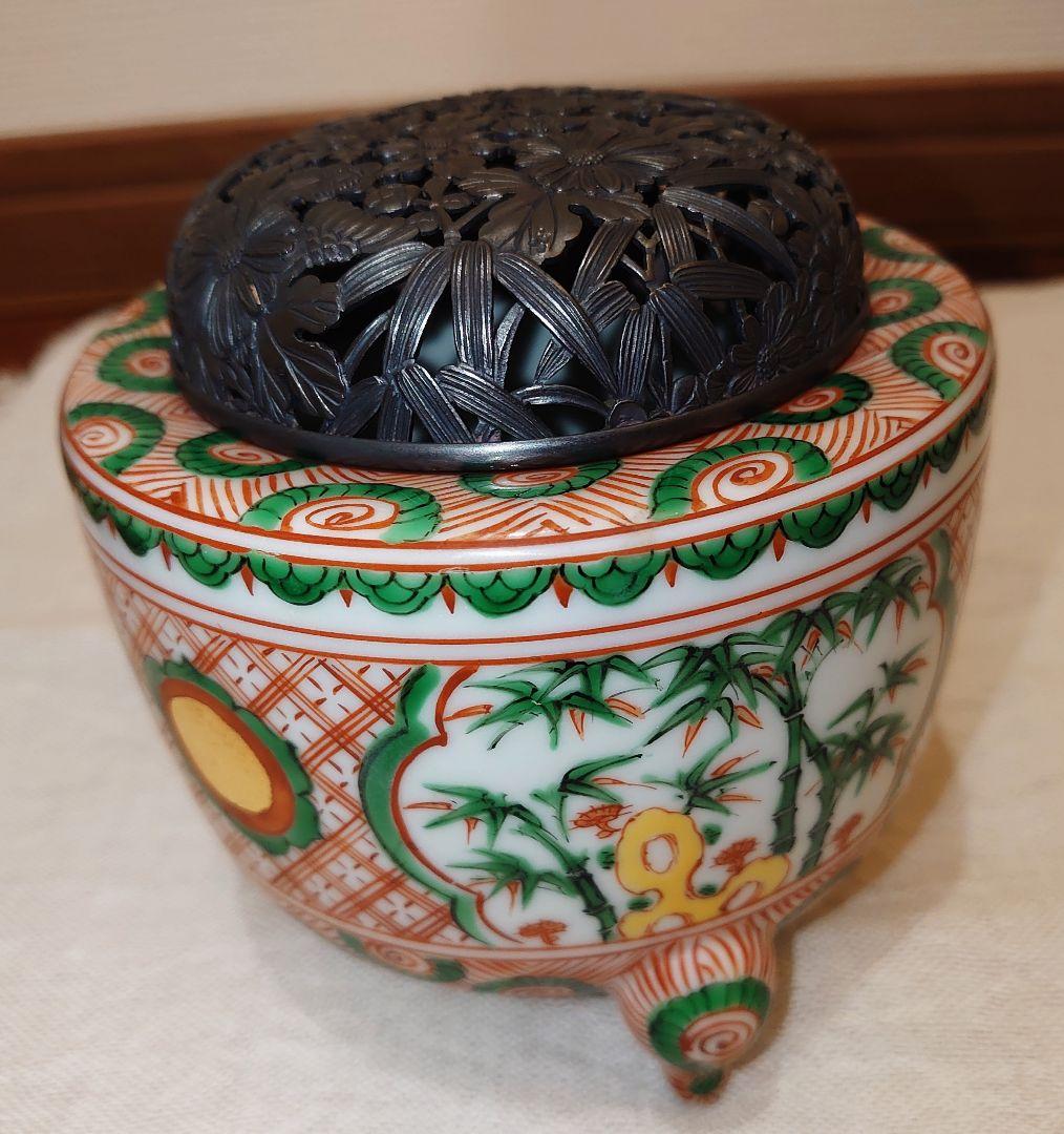 四代三浦竹泉 赤絵 香炉 純銀火屋 松興堂 金彩 四君子 アンティーク