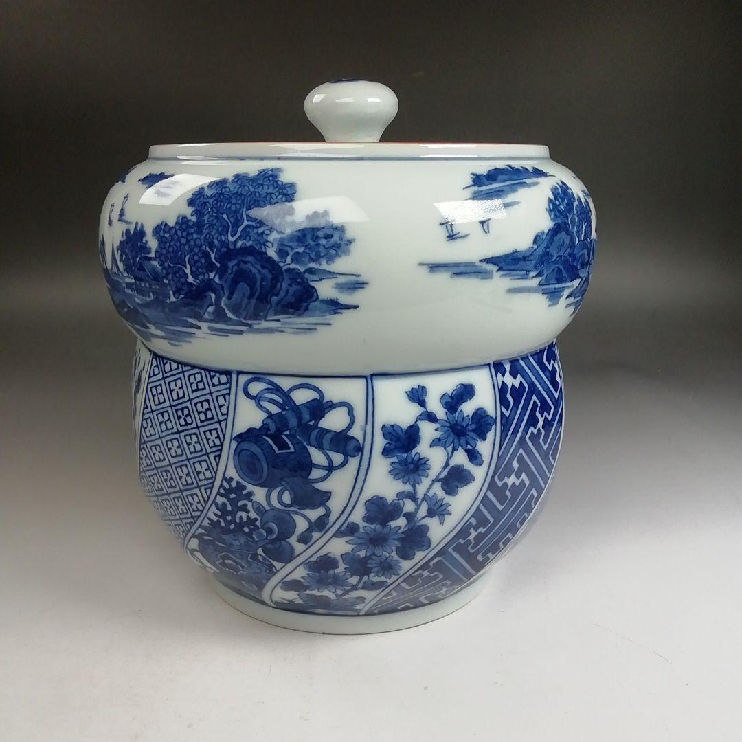 Ｗ２３４　水指　『染付　腰捻　水指』『塗替蓋付』『加藤郷山 造』　共箱　茶道具