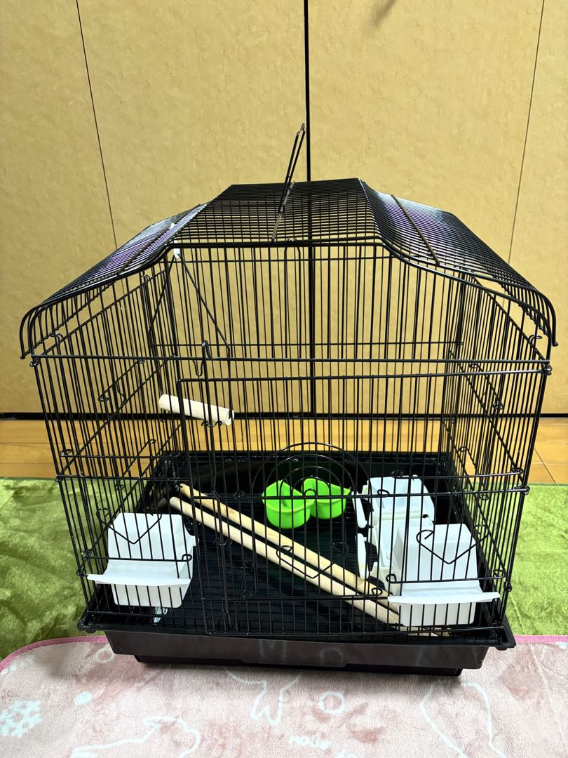 中型黒鳥かご、止まり木・餌入れ付き