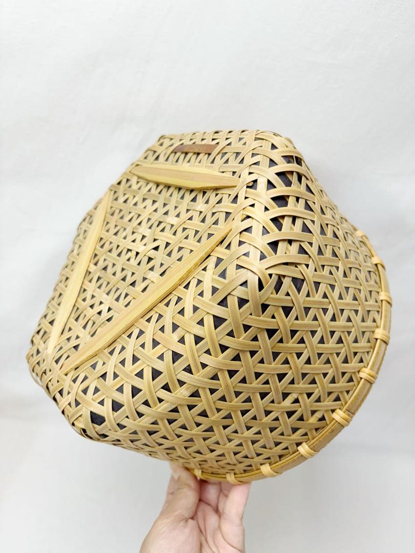 未使用 茶道具 平安 竹美斎作 利休好 鱗篭竹炭斗 刻印 炭取り 竹工芸 共箱