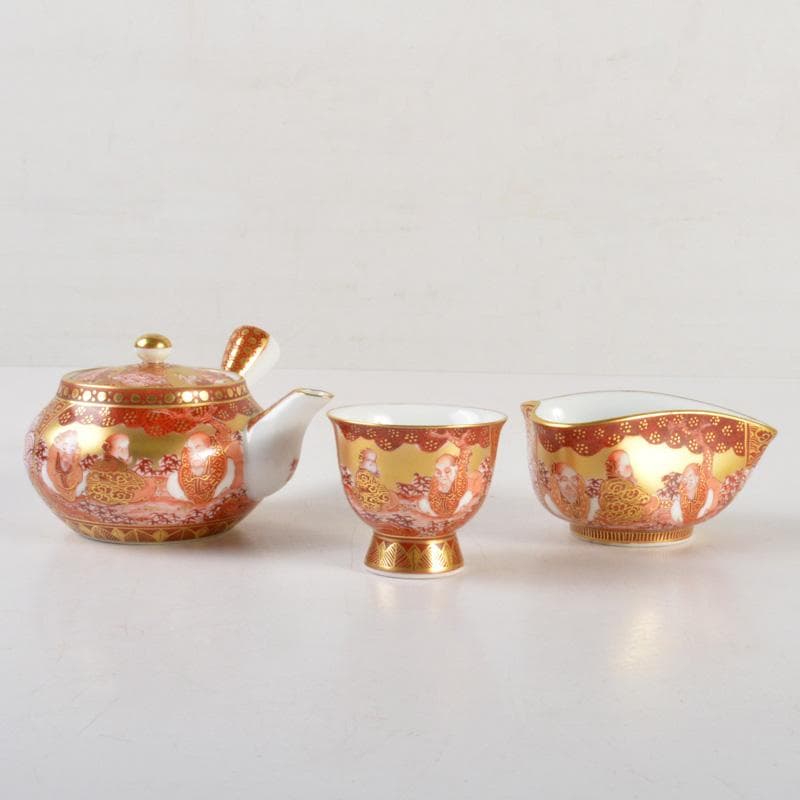 九谷焼　錦生窯　本多順一作　小茶器揃　急須　煎茶碗五客　湯冷　共箱　GR7272