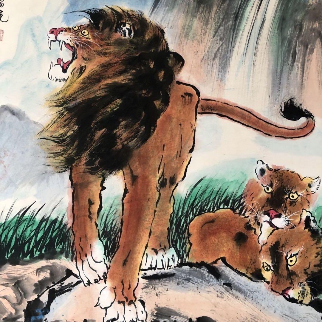 中国画 掛け軸 中堂 猛獣 図 手描き 水墨 彩色 中国美術 インテリア