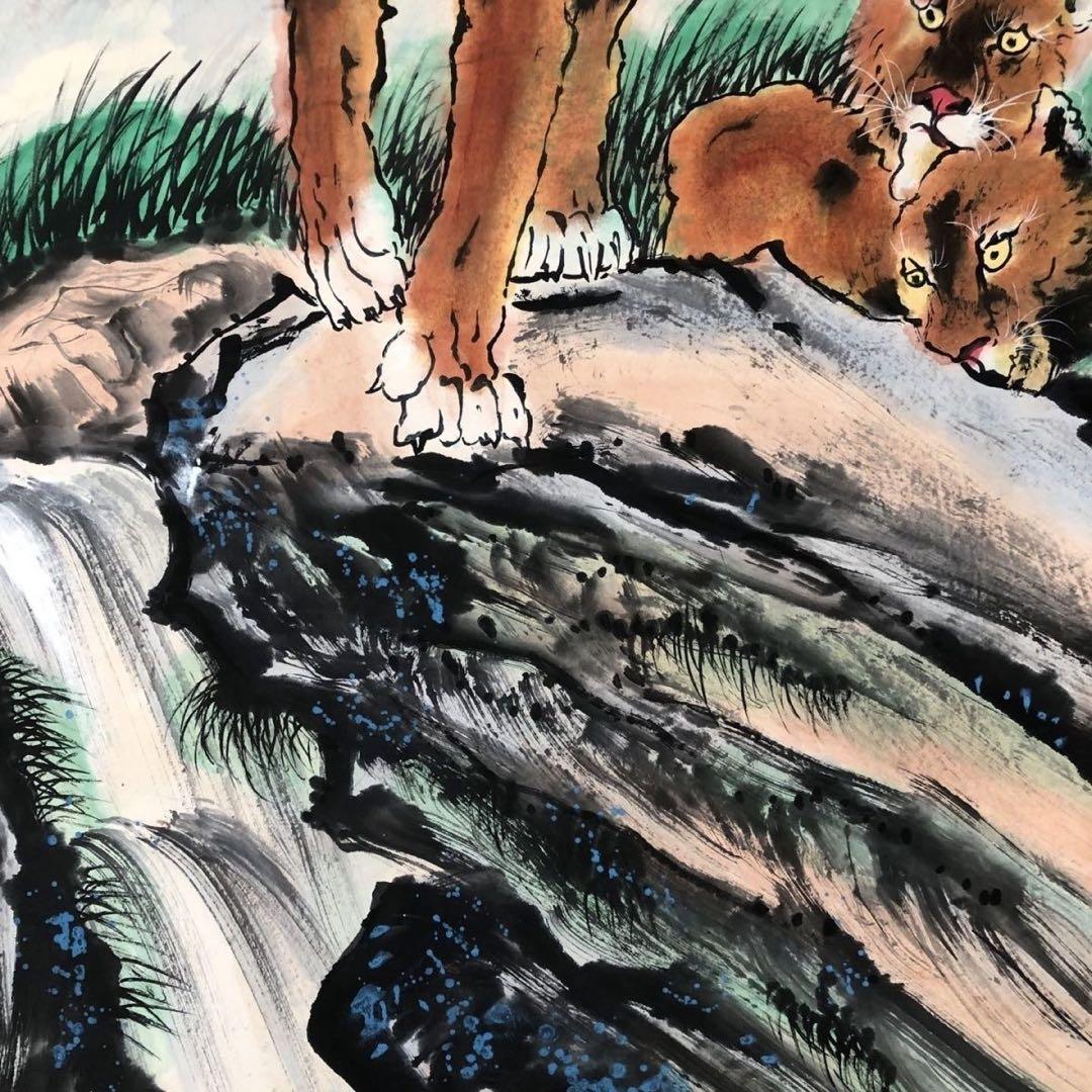 中国画 掛け軸 中堂 猛獣 図 手描き 水墨 彩色 中国美術 インテリア
